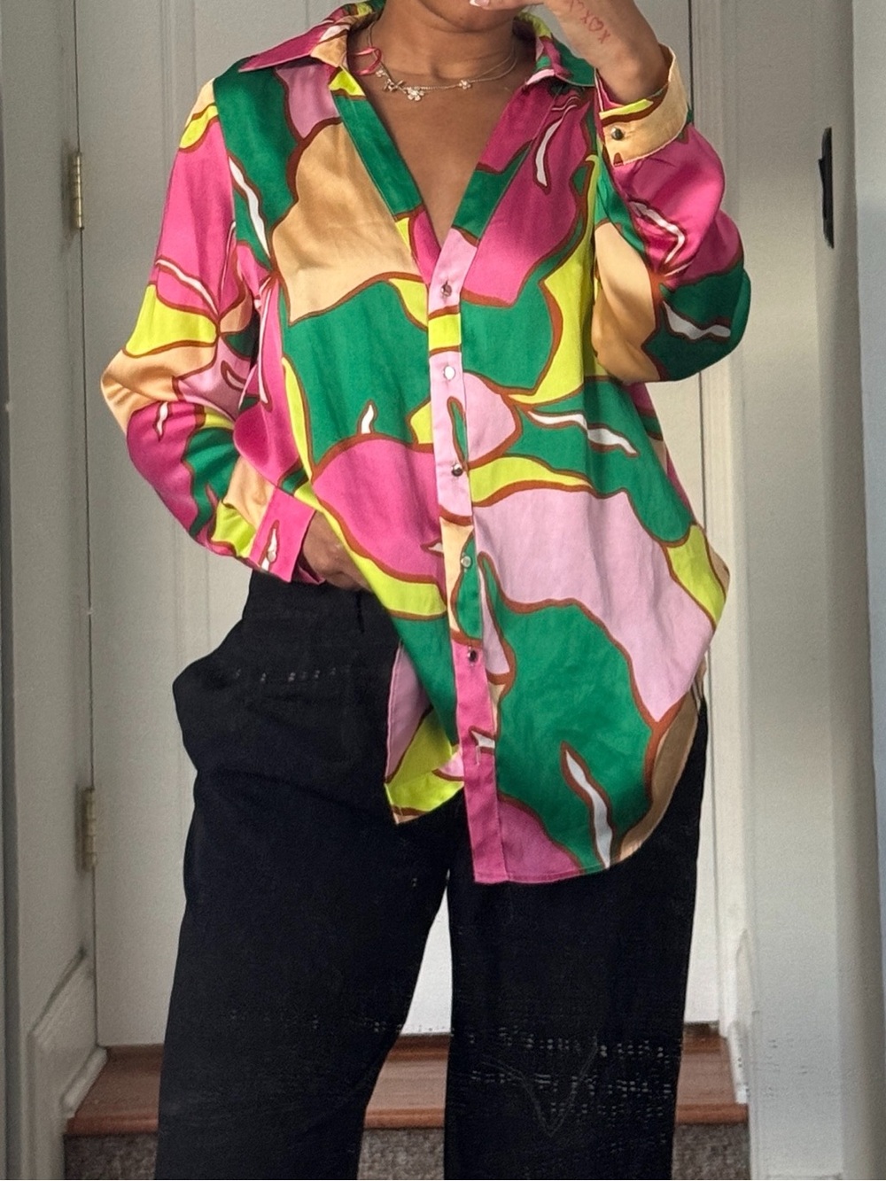 Zara Multicolor Abstract Print Silk Blouse - Pink, Green, Yellow, Gold